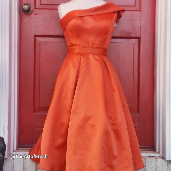 NWT Morilee Off the Shoulder Formal Orange Flounce Midi Formal Prom Dress - Picture 3 of 14